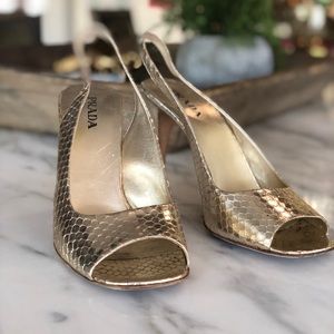 Prada Peep Toe Champagne Gold Heels